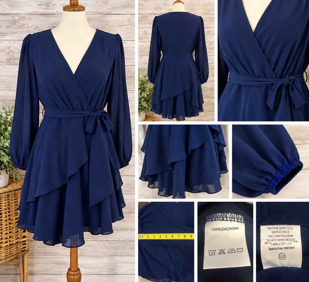 Women's Wrap Mini Dress Ruffle Tiered Hem Tie Waist Long Sleeve Navy Blue Small